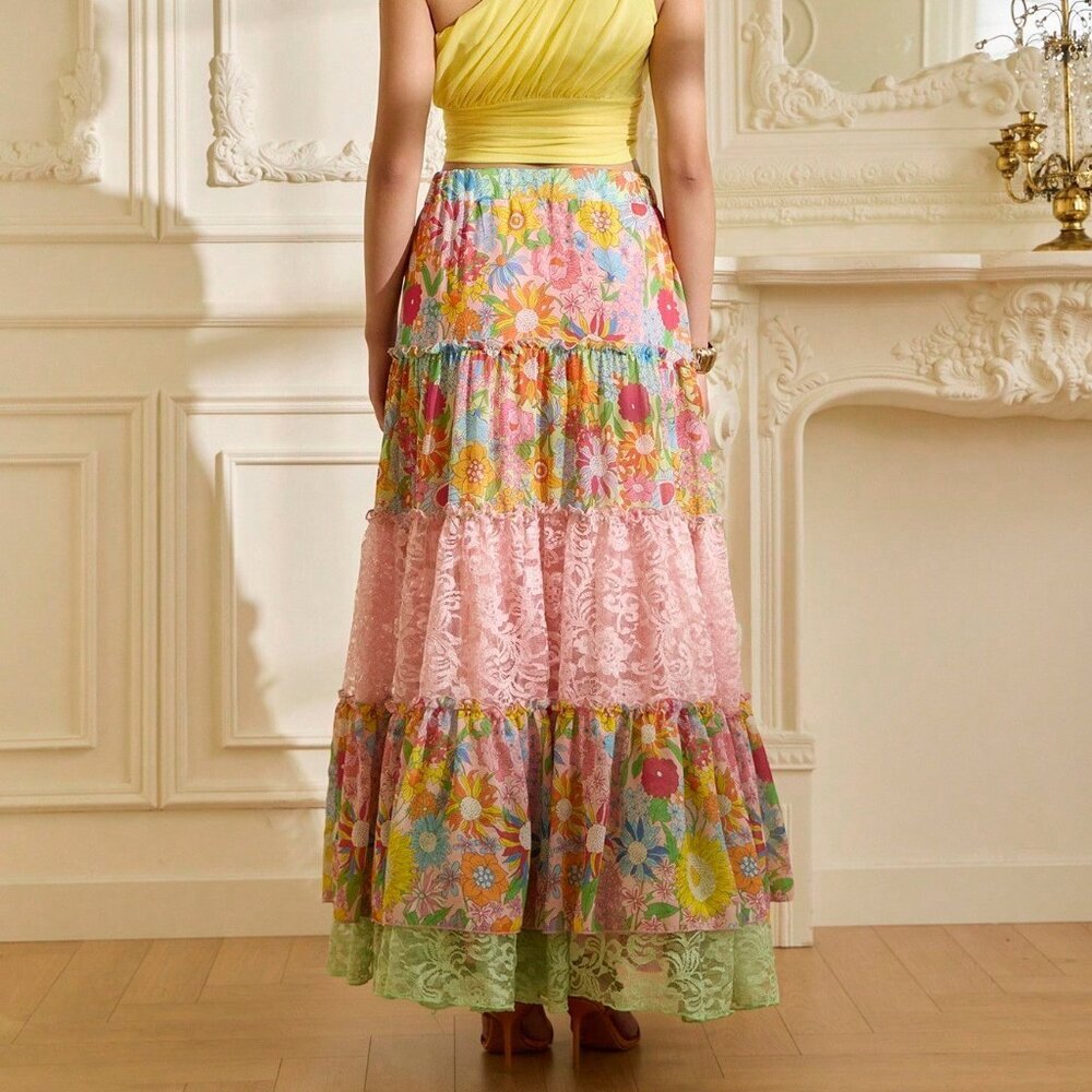 Multicolor Boho Women's Floral Print Contrast Lace A-Line Skirt - Picture 2 of 9